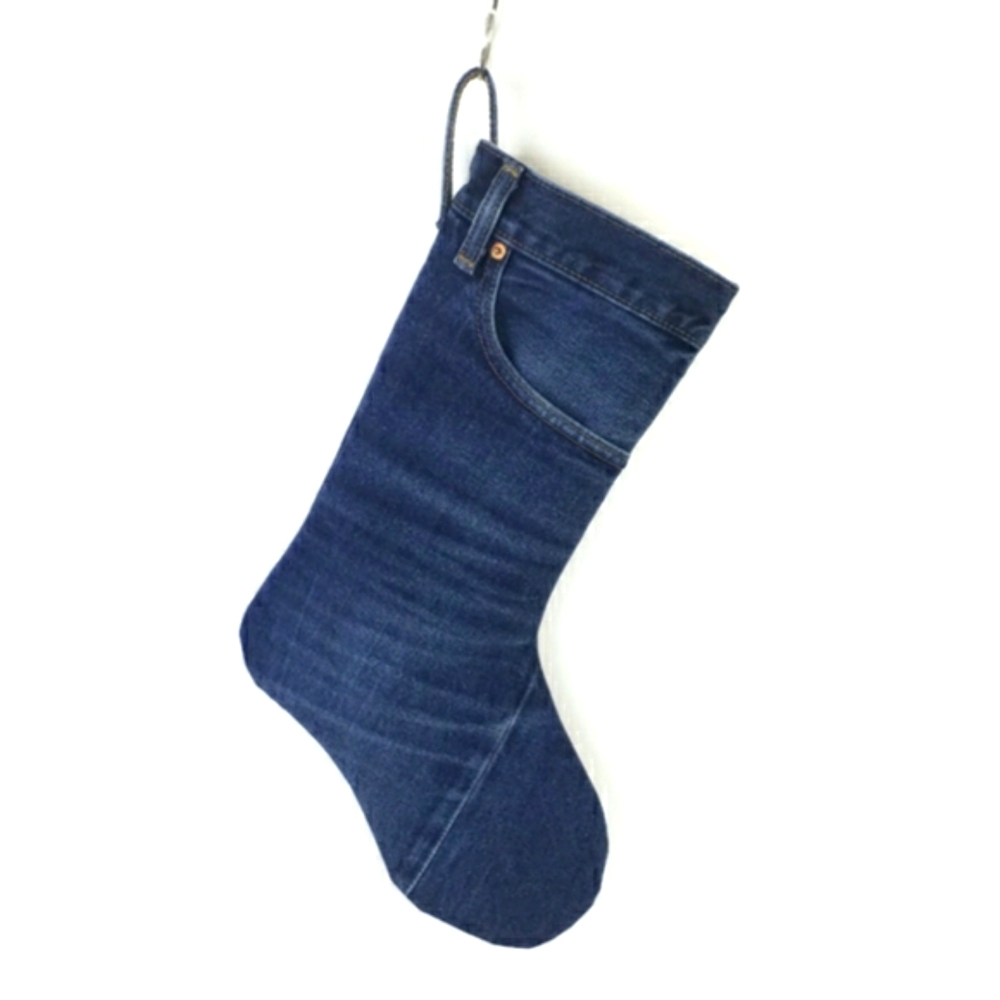 Hand Made Upcycled Medium Blue Wash Lined 17" Hanging Denim Stocking Boot